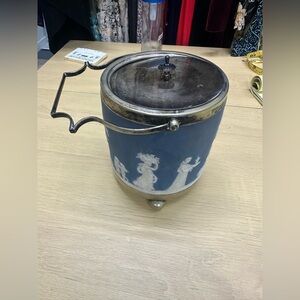 Wedgwood Blue Jasperware Biscuit Barrel Jar Silver-Plated Rim Stand Lid EUC